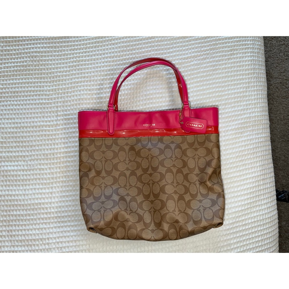 Coach Taylor Tote Women Small Khaki Pink Ruby Signature Canvas Leather 29783‎